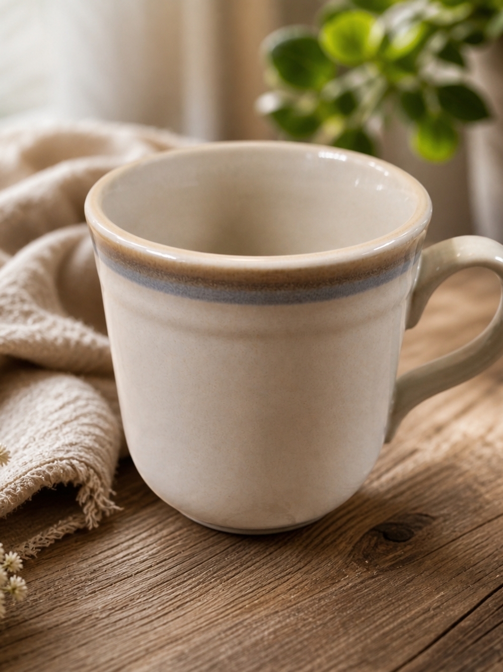 Vintage Noritake Stoneware Mug Japan Beige Brown Band Coffee Cup Rustic
